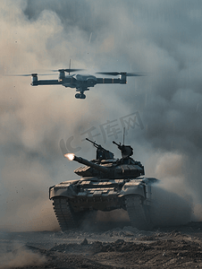 坦克用枪瞄准无人机战斗无人机和四轴飞行器