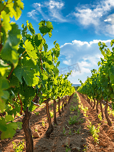 葡萄栽培摄影照片_蓝天背景的葡萄园里生长的葡萄藤风景