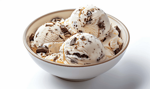 线条冰淇淋球摄影照片_碗里的酸奶和巧克力冰淇淋特写