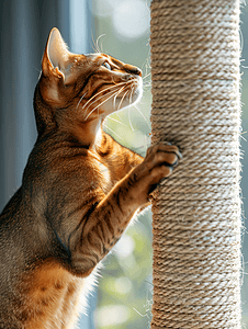 一只阿比西尼亚猫在猫抓柱上磨爪子