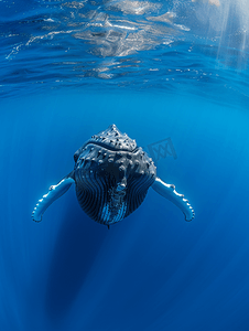 白色深蓝色摄影照片_座头鲸的头浮出深蓝色的波利尼西亚海