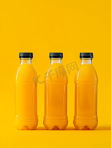 盒子里装着橙汁的三个塑料瓶