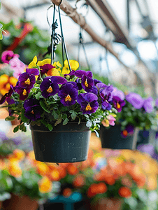 商店春天背景中悬挂花盆里的三色紫罗兰花