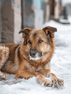 流浪宠物摄影照片_冬季街头流浪狗狗躺在雪地里没有主人的宠物
