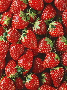 红草莓摄影照片_新鲜有机红熟草莓果实背景顶视图特写