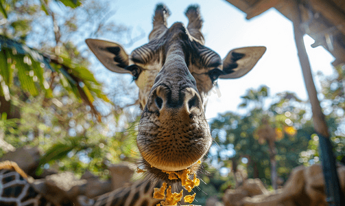 孤立的长颈鹿在进食时特写肖像
