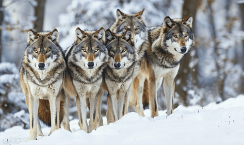 雪背景下的灰狼群
