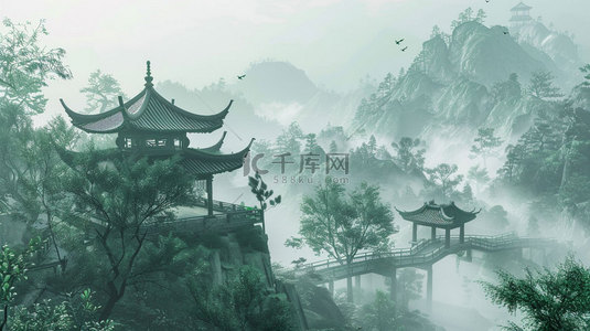 烟雨徽州背景图片_凉亭烟雨国风合成创意素材背景