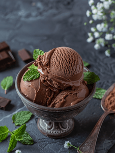 冰淇淋双球摄影照片_一勺薄荷叶巧克力冰淇淋
