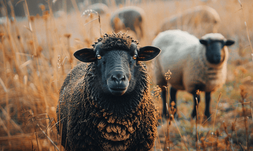 田野春天摄影照片_春天的黑色和棕色羊