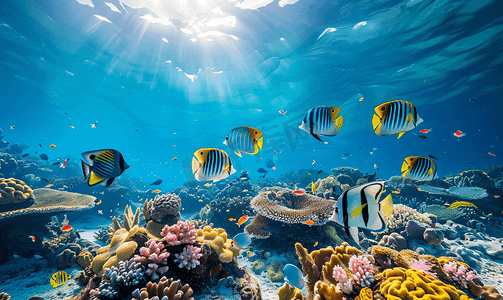 神仙底座摄影照片_马尔代夫蓝色海洋珊瑚礁中的天使鱼群