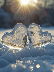 冬季背景阳光下闪闪发光的雪花爱心的象征