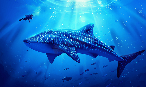 鲸鲨在深蓝色的海水中接近水肺潜水员似乎正在发起攻击