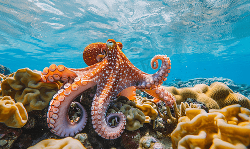 法属波利尼西亚水下珊瑚礁上的章鱼