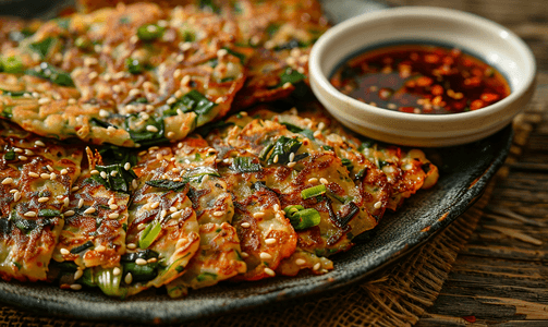 自制韩式葱姜煎饼配蘸酱和芝麻
