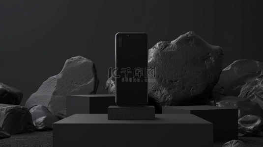 手机合成背景图片_黑色展台手机合成创意素材背景