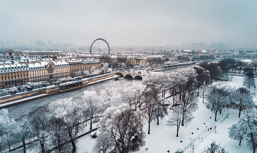 从协和广场鸟瞰雪下的巴黎