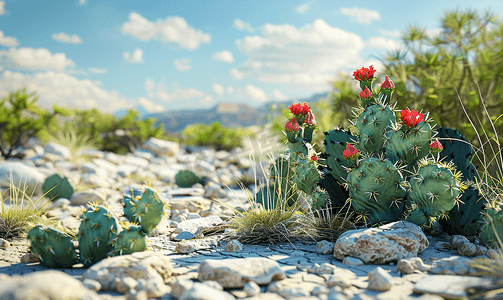 春天背景古风摄影照片_墨西哥沙漠景观背景为石头和仙人掌