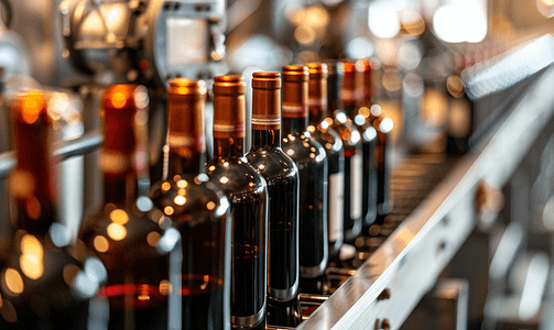意大利葡萄酒摄影照片_酿酒厂金属传送机上的自动葡萄酒灌装