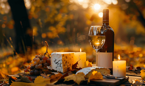 瓶身包装标签摄影照片_秋天的蜡烛和奶酪瓶酒