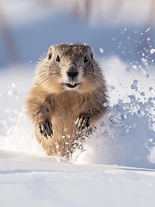 土拨鼠土拨鼠日肖像在雪地上奔跑