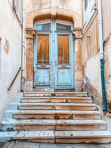 通往马赛一栋老建筑两扇门的台阶
