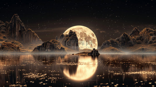 月亮水面倒影合成创意素材背景