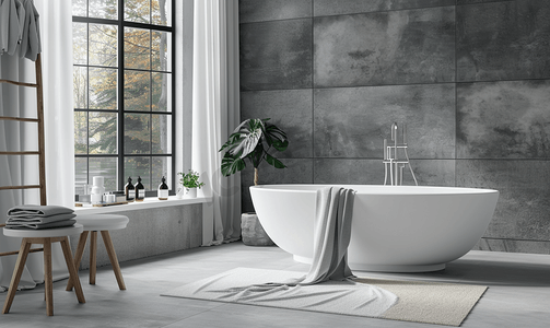 石英石水槽摄影照片_宽敞的浴室采用灰色色调配有加热地板、独立浴缸