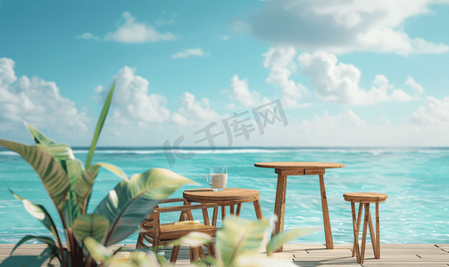 沙滩海洋摄影照片_带海滩背景的木桌凳和椅子