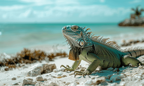 墨西哥的绿鬣蜥在海滩有复制空间