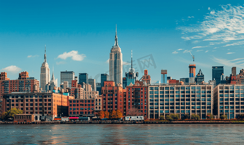 纽约摄影照片_纽约河景帝国大厦和直升机