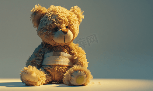 可爱治愈摄影照片_受伤的泰迪熊白底带绷受伤的泰迪熊带绷