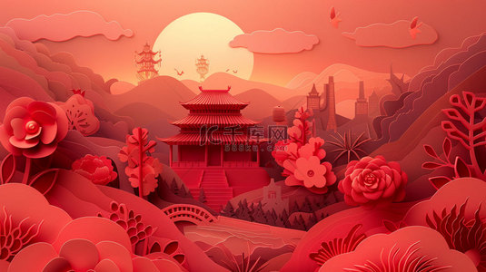 冰雪奇缘宫殿背景图片_红色宫殿松柏合成创意素材背景