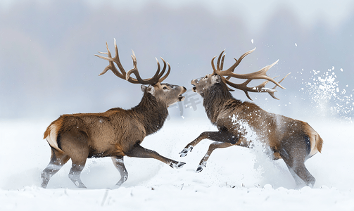 红鹿在雪背景上战斗