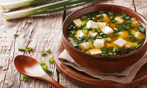 传统日式花朵图案摄影照片_日式味噌汤配葱和豆腐块放在棕色碗里的木桌上