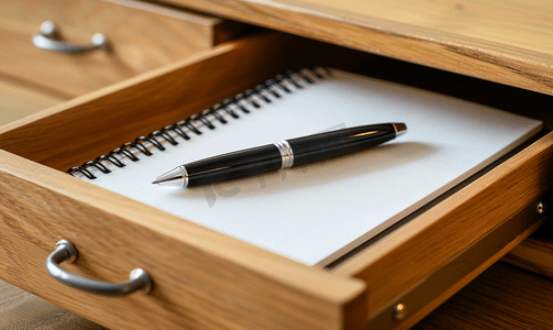 开放式抽屉里的现代钢笔和方形笔记本