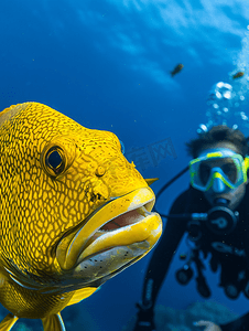 阿里巴巴主图模板摄影照片_潜水员在马尔代夫潜水时进入黄色鲷鱼科