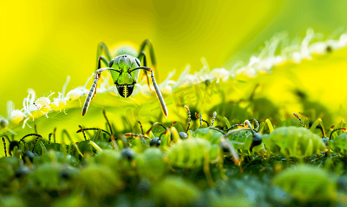 蚂蚁从叶子上的蚜虫群中采集蜜露