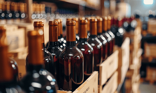 瓶身包装标签摄影照片_酒厂储存容器中排列的包装酒玻璃瓶的特写