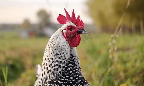 鸡饲料摄影照片_白色和黑色羽毛的鸡红色喙和梳子农场动物