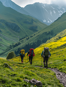 传奇大背包摄影照片_背着背包和登山杖的徒步旅行者在阿尔特温高地行走