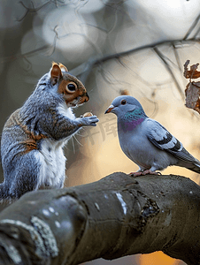 一只灰松鼠拿着坚果看着鸽子