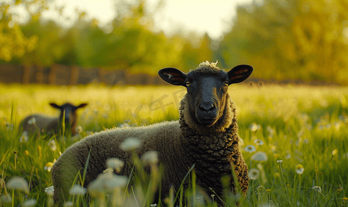 春天的田野摄影照片_春天的黑色和棕色羊