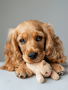 拿着玩具老鼠的英国可卡犬肖像