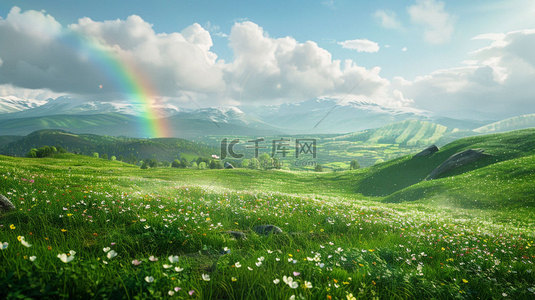 鲜花养护背景图片_草地鲜花彩虹合成创意素材背景