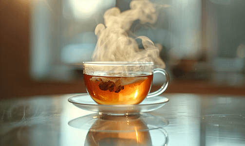 蒸汽波画图摄影照片_一杯冒出蒸汽的茶