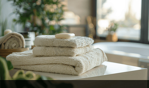 酒店浴室摄影照片_现代浴室的桌子上放着中性色的棉毛巾