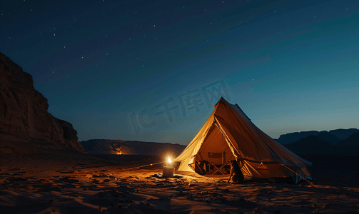 背景夜晚天空摄影照片_晚上在沙漠帐篷营地的狗