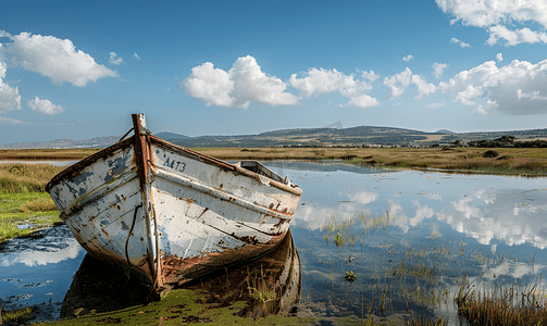 撒丁岛摄影照片_意大利撒丁岛沼泽中的一艘旧渔船