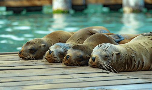 水模板摄影照片_海狮在水上的木甲板上排成一排睡觉